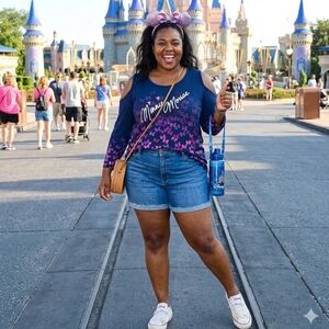 Disney Parks Navy Blue & Pink Minnie Mouse Cold Shoulder Bows Tee Size 1X
